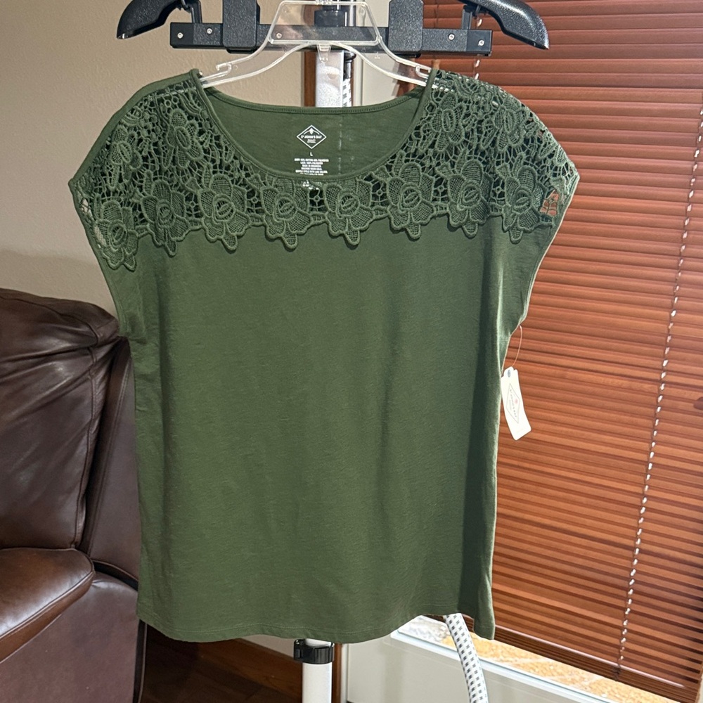 St. John's Bay Crochet Yoke Olive Green Women's Top